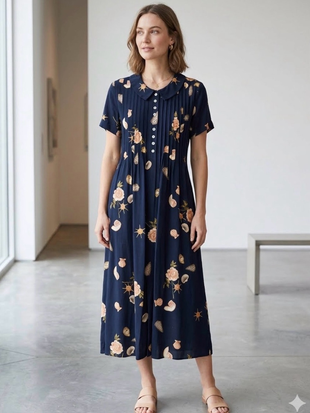 Vintage Positive Attitude Navy seashell and floral Pleated Midi Dress